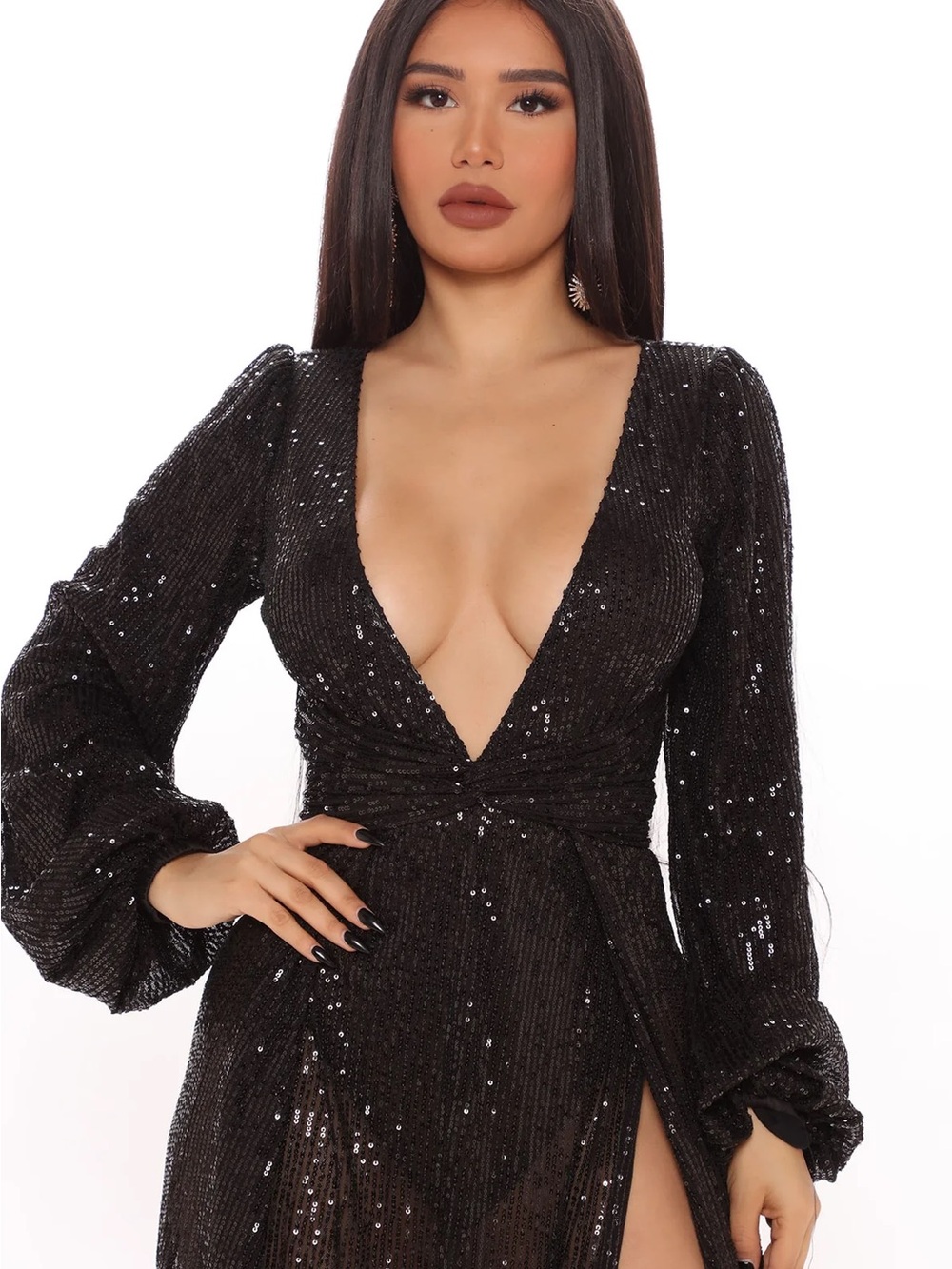 Long Sleeve Sequin Black Maxi Dress W/ Slits